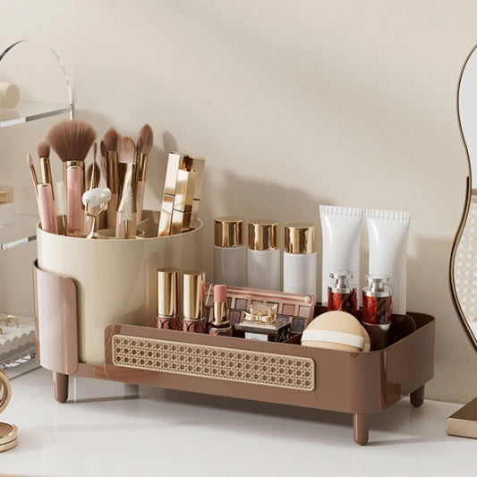 Large Capacity Makeup Organizer with Rotating Brush Holder – Bathroom Countertop Cosmetic Storage