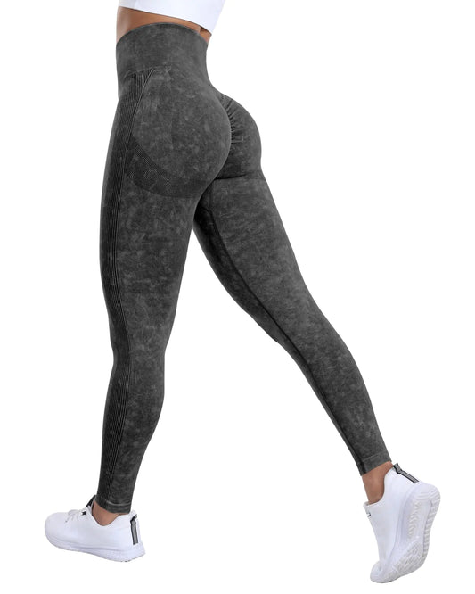 Women’s High Waisted Scrunch Butt Workout Leggings – Seamless Gym Activewear (Washed Black, M)