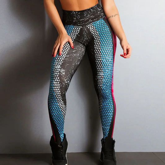 Women’s High Waisted Blue Printed Workout Leggings – Summer Activewear